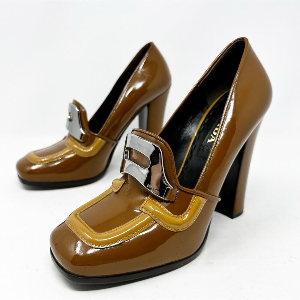 Vintage Prada Brown Leather Loafer Block Heels Womens Size EU 37.5